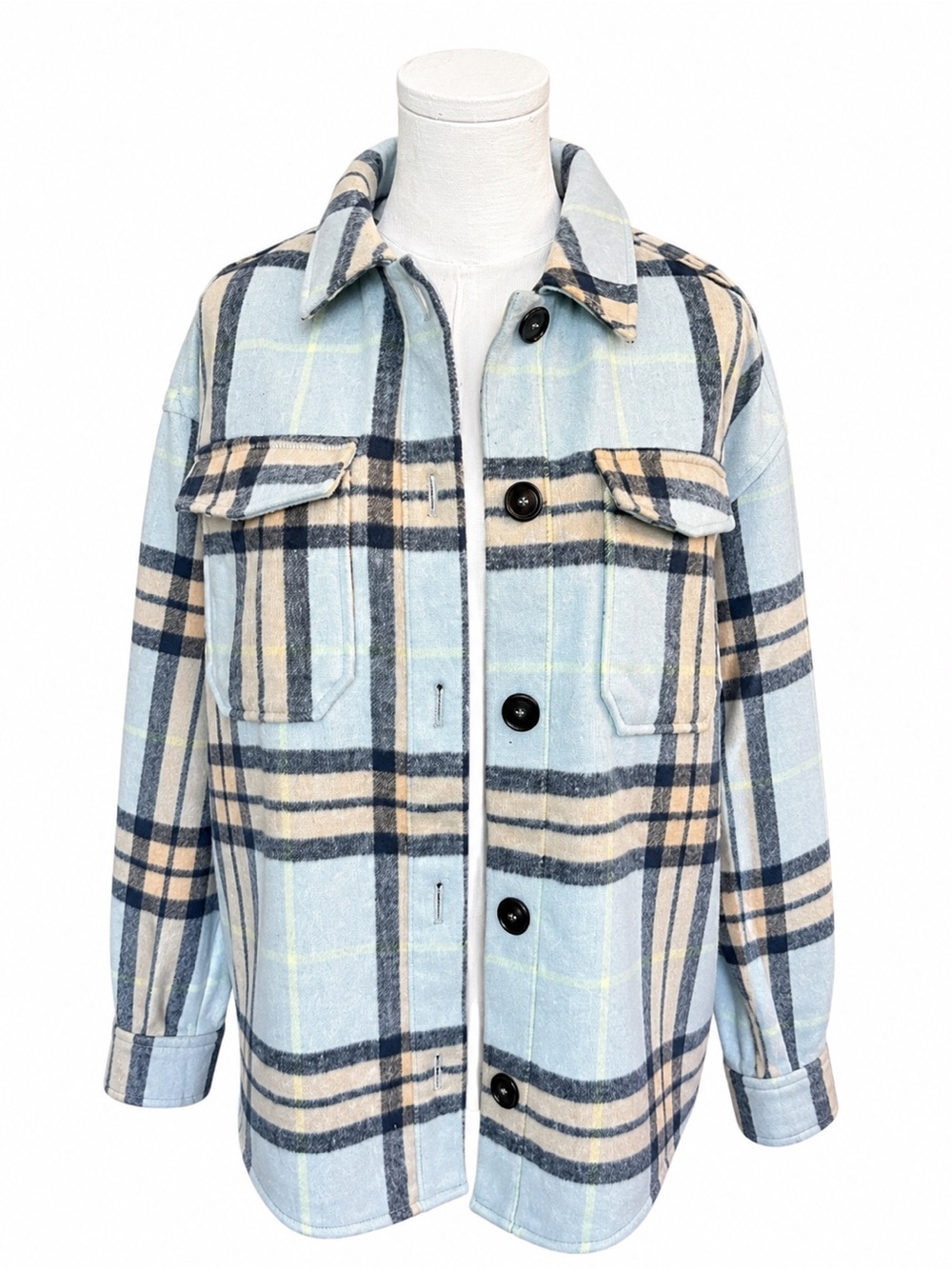 Avec Les Filles Blue and Cream Plaid Utility Shacket